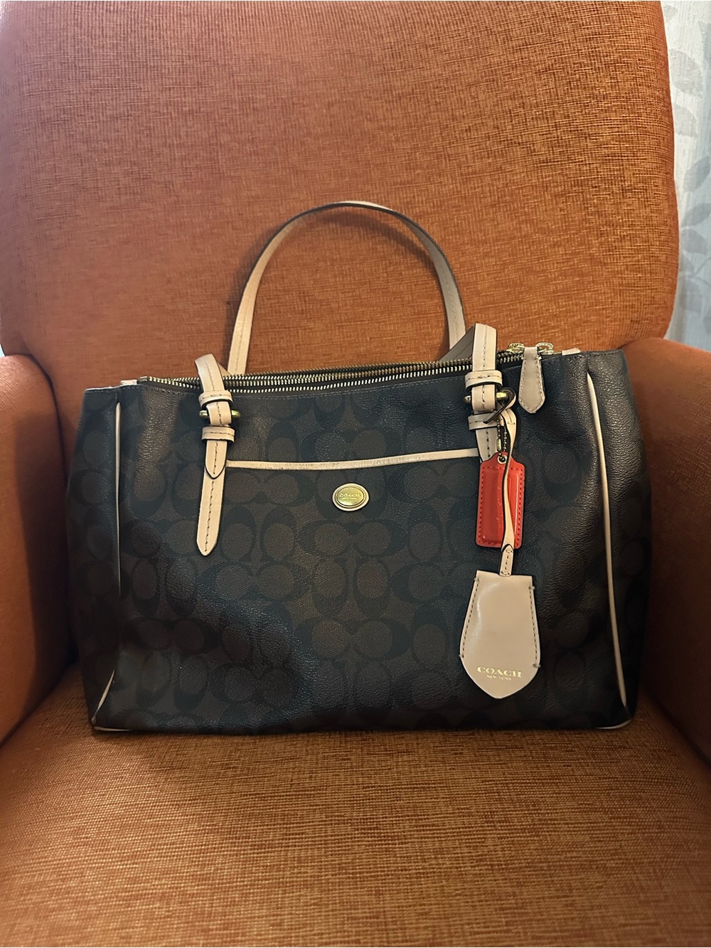Coach Dark Brown Signature Tote with Cream Trim and Red Tag
